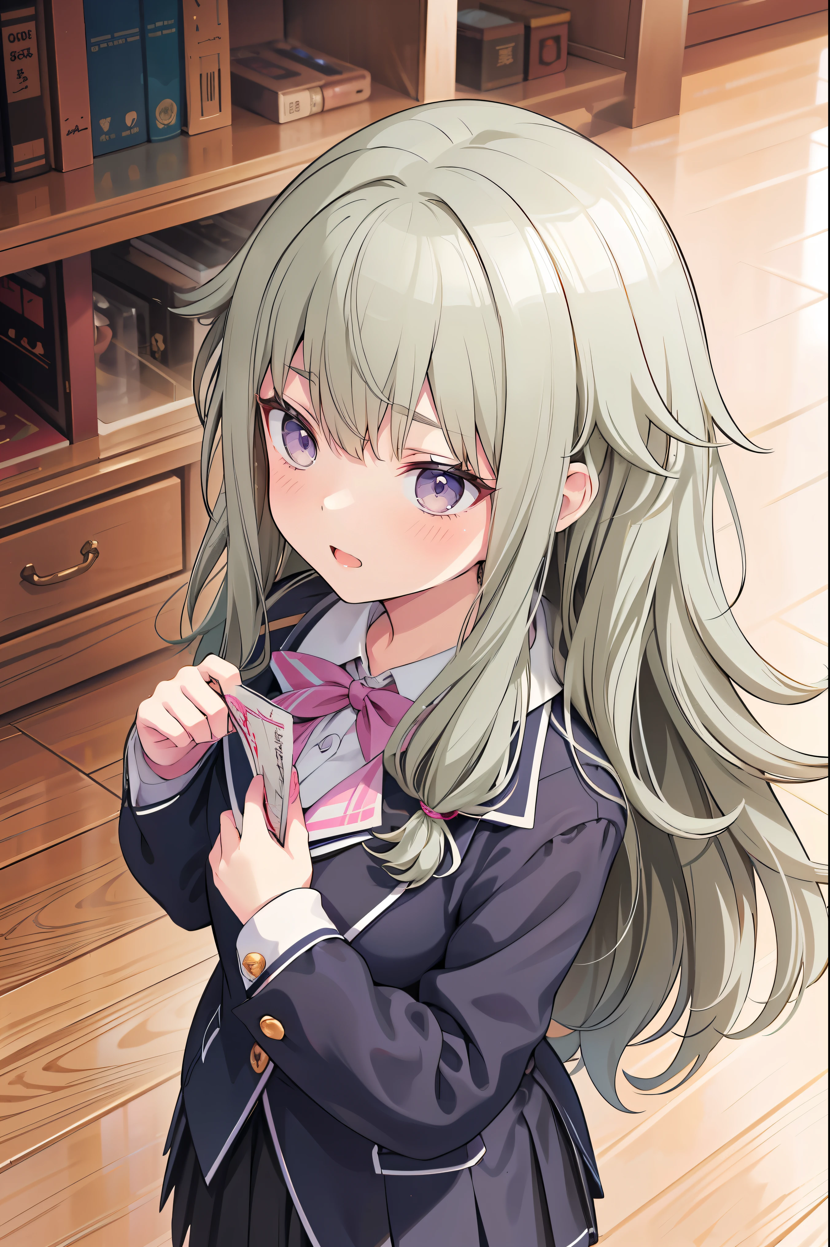 (8k, 最high quality)、Ultra-high resolution、adorable、最high quality, beautiful, (((Absurd beauty)))、school uniform、blazer、high quality、Shiny Hair、Very fine and beautiful bright eyes、Medium chest、nose blush、Very detailed, clear and beautiful face, Awards, (Anatomically correct), ((from above))、breast enhancement