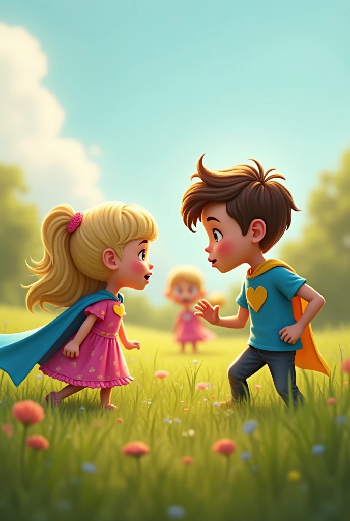 Create me an image of a story with two children arguing over a toy in the field and a blonde superhero girl with a pink dress and a small golden heart on her chest enters, with blue cape.

