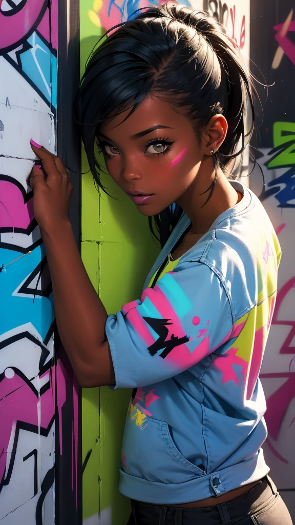 (best quality), (high detail), (vivid colors), (graffiti style), (freestyle), (Close up), (1black haired girl), young sexy female graffiti artist, spraying graffiti on a wall painted with street art, HDR, 8K, 3D, graffiti art style.