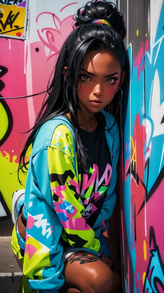 (best quality), (high detail), (vivid colors), (graffiti style), (freestyle), (Close up), (1black haired girl), young sexy female graffiti artist, spraying graffiti on a wall painted with street art, HDR, 8K, 3D, graffiti art style.