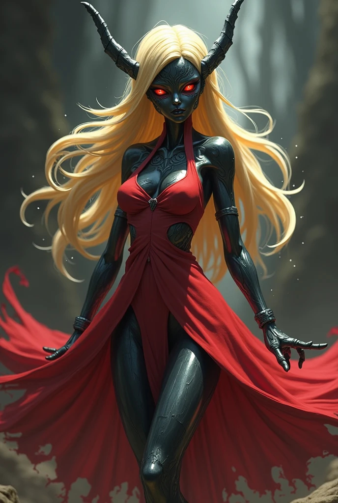 a Pokemon with long blonde hair red dress dark steel skin red eyes