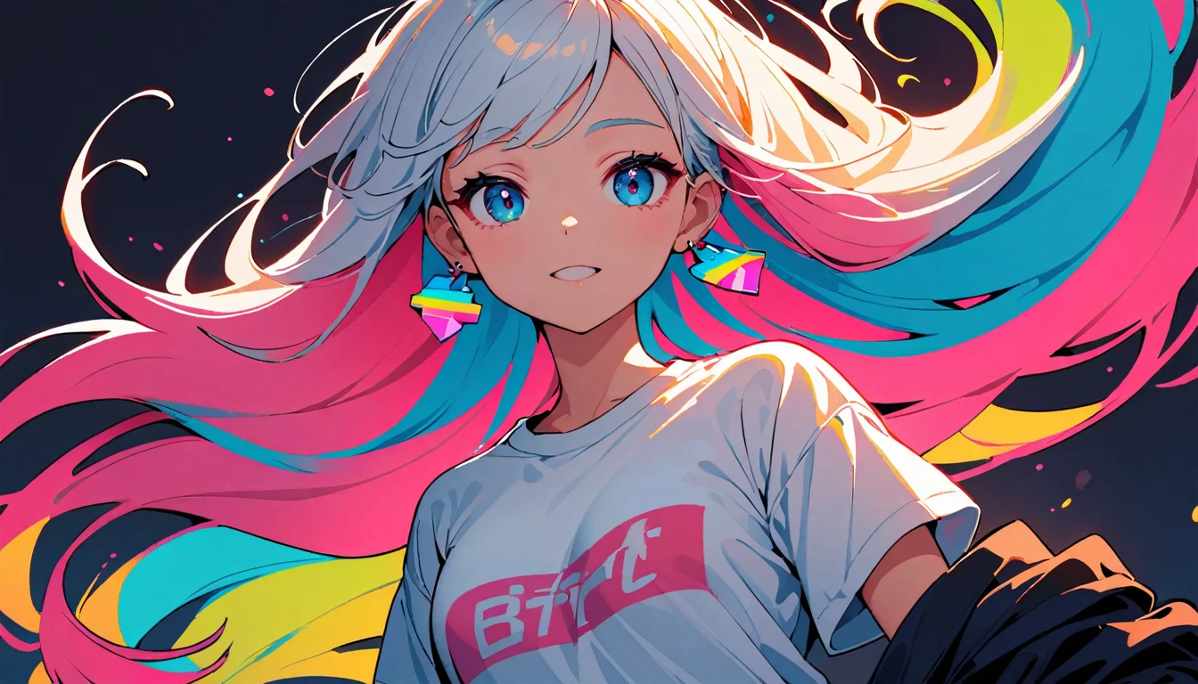 (high quality, 8k, 4K, High Contrast, masterpiece:1.2, 最high quality, Best aesthetics), (Dynamic Angle), ((1 female )), ((Plain and bright background)), ((Flat Color)),(Plain white T-shirt on the upper body), (jeans), Looking at the audience, Upper Body, Transparent Background, High Contrast, Contrasting colors, Cowboy Shot, Pale pink and blue lighting, Long Hair, ((Tied Hair)) , Rainbow Hair, Small star-shaped earrings in both ears, watch, bright eyeshadow, (Pixel art:1.5), (16bit:1.3), (Holding a Japanese sword), (Holding a Japanese sword:1.3)
