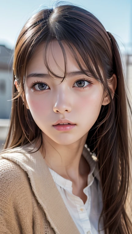 (Perfect Anatomy:1.2)(Absurd, High resolution, Super detailed),masterpiece,Highest quality,High resolution,8k,Realistic Face,Realistic skin texture,Expanded Texture, ,Amazing clarity,high school girl,Cowboy Shot,View the viewer、blush、From below、Background is sky、Looking down at the ground from above