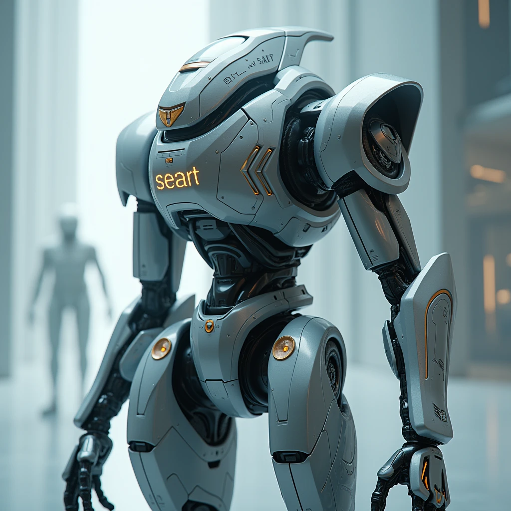 A futuristic robot with a soft glow from the letters “SEAART” on the helmet screen. Highly detailed hard surface rendering