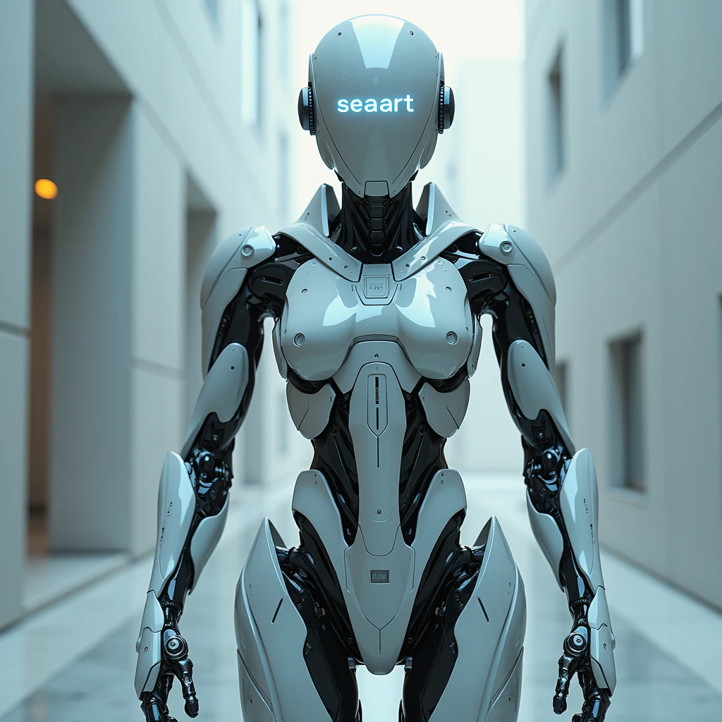 A futuristic robot with a soft glow from the letters “SEAART” on the helmet screen. Highly detailed hard surface rendering