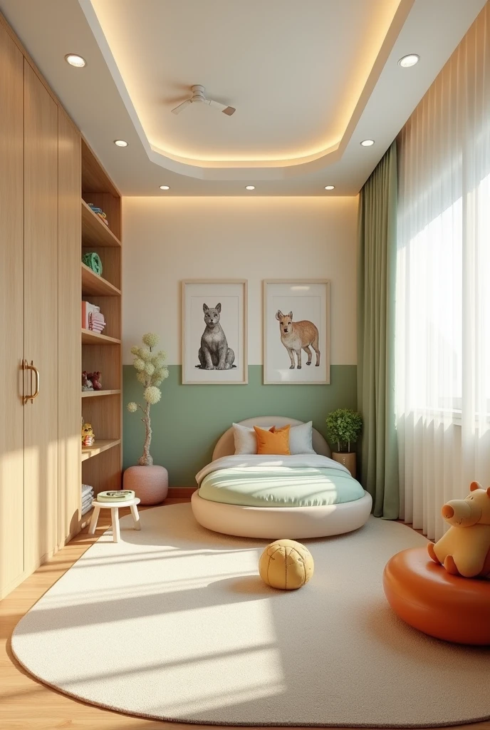 Professional 3d architecture rendering design of modern and   light moss and  so light Thunder and light cream and light orange  wooden   Modern and minimal  design for chid  bedroom  and light  cream   carpet  with animals painting and white painting wall and light wooden closet with animals painting and modern ceiling lighting and modern curtains for chid room and the child bed similar globe and safety chair for chid and many toys 
