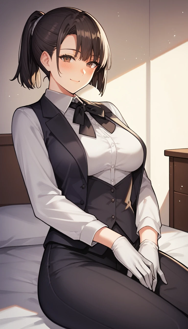 score_9, score_8_up, score_7_up, source_anime, best quality, amazing quality, very aesthetic, 1girl, brown eyes, room, wariza, short black hair, ponytail. Tousled Bob cut, portrait, blazer, starshadowmagician, solo, Adult woman, best perfect anatomy, thin, curvy body, medium breasts, close up shot on person, a woman showing happy, light smile, closed mouth, blush, from below, looking at viewer, (lying down, hand between her legs), mature woman laying prone on bed, white shirt, black tie, format black vest, Long-sleeved shirt, white format gloves, black trousers, dynamic angle. perfect dynamic composition, night days, volumetric lighting, dark hotel bedroom background,