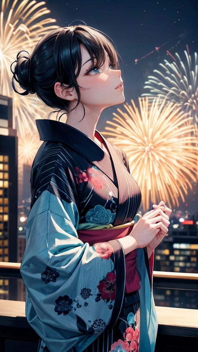 Skyscraper rooftop　Mature woman looking up at fireworks　Black hair chignon　A vibrant turquoise yukata
