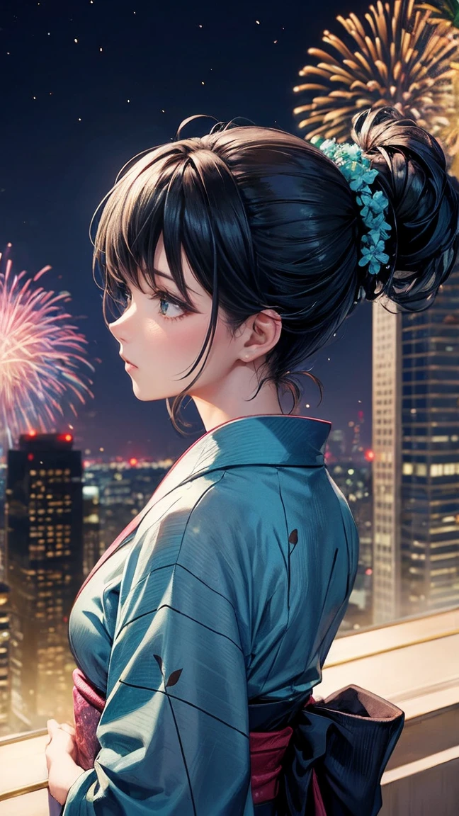 Skyscraper rooftop　Mature woman looking up at fireworks　Black hair chignon　A vibrant turquoise yukata