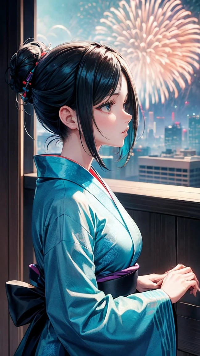 Skyscraper rooftop Mature woman looking up at fireworks Black hair chignon A vibrant turquoise yukata