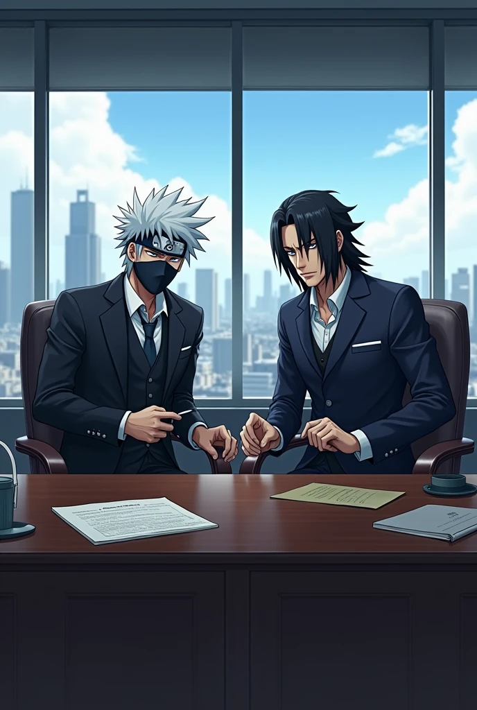 Make Kakashi Hatake and Satoru Gojo as if they were brothers, as if they were businessmen.