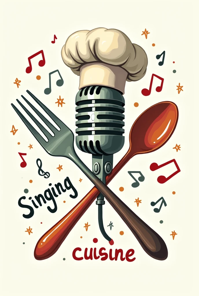 microphone with chef hat, um garfo, a spoon and a knife crossed diagonally, written around " Singing Cuisine", with music signals around the microphone