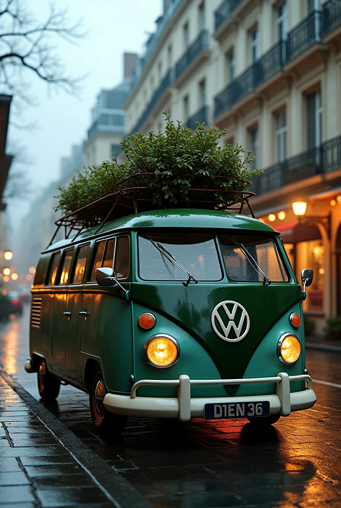 Hyperrealistic cinematic scene of a vintage 1960s VW van with a vertical garden on its rear, designed in the style of Zaha Hadid, parked on a rainy Parisian street. The garden features sleek, flowing architectural lines with a blend of greenery that contrasts against the classic curves of the van. Parisian buildings and cobblestone streets reflect the rain, with soft, diffused streetlights illuminating the scene, creating a moody atmosphere with intricate reflections and textures.