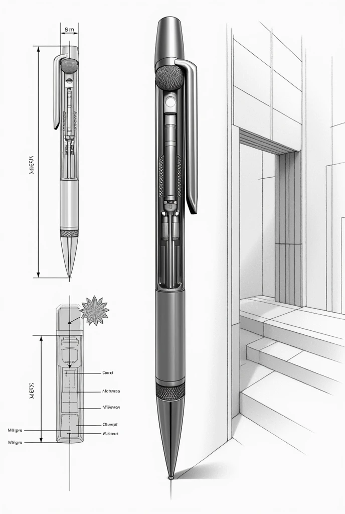 Pen designed with voice recorder with techincal pen assembly sketch