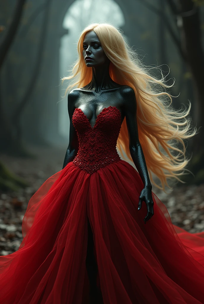 Pokemon style long blonde hair red dress dark steel skin black eyes