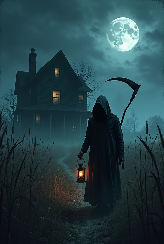 A moonless night plunges the world into absolute darkness. The scene is shrouded in shadows so thick they seem to swallow the light, leaving only vague outlines of a terrifying scenario. In the center of this darkness, an old, abandoned house emerges from the ground like an evil monolith. Your windows are empty eyes, reflecting only nothingness, and its half-open door seems to invite – or perhaps warn – those who dare to approach.The land around the house is a tangle of tall weeds, that whisper uneasily in the wind, as if they shared forbidden secrets. Between them, There's a hooded figure, almost indistinguishable from the darkness that surrounds it. His hood is so deep that his face remains completely hidden, a black spot in the middle of the night. In his pale, skeletal hands, she holds an old lantern, whose dim light barely illuminates the path ahead, but it is enough to reveal the glint of something shiny on his back – a sharp scythe, the blade reflecting an evil glow.The figure walks slowly, each step a heavy echo that reverberates in the deadly silence of the night. His movements are slow and calculated, as if she knows her target has nowhere to run. The suspense is suffocating, because the scene suggests that something terrible is about to happen, but what and when remains an agonizing mystery.The sky above is heavy with dark clouds, as if the universe itself conspired to extinguish all light. Silent lightning flashes in the distance, revealing for a few seconds a desolate and vast field, where nameless shadows seem to move at the edges of vision.The lantern, which should be a symbol of hope, here is a condemnation, its dim, flickering light a promise that the worst is yet to come. There is no sound, except for the occasional creaking of old boards, as if the house was alive, breathing along with the wind.The feeling of suspense grows with each moment, as if the air itself were charged with foreboding 