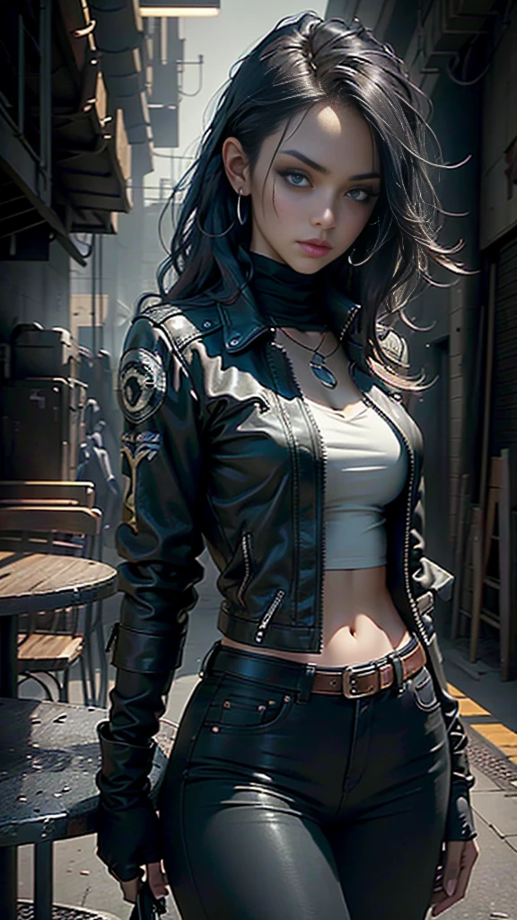 A confident woman with dark hair, arms crossed, wearing a black leather jacket over a dark shirt and green pants, she's holding a hunting bow, assertive expression, in a casual industrial setting with tables and chairs in the background, (best quality,4k,8k,highres,masterpiece:1.2),ultra-detailed,(realistic,photorealistic,photo-realistic:1.37),beautiful detailed eyes,beautiful detailed lips,extremely detailed eyes and face,longeyelashes,intricate details,moody lighting,dramatic shadows,industrial chic,urban environment