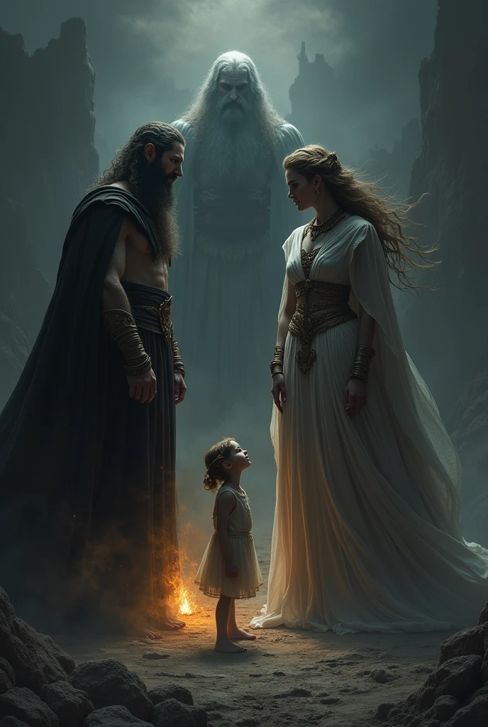 hades and demeter at both sides and a girl and boy between them pleading to them and make it darks, emphasize the power of hades and demeter