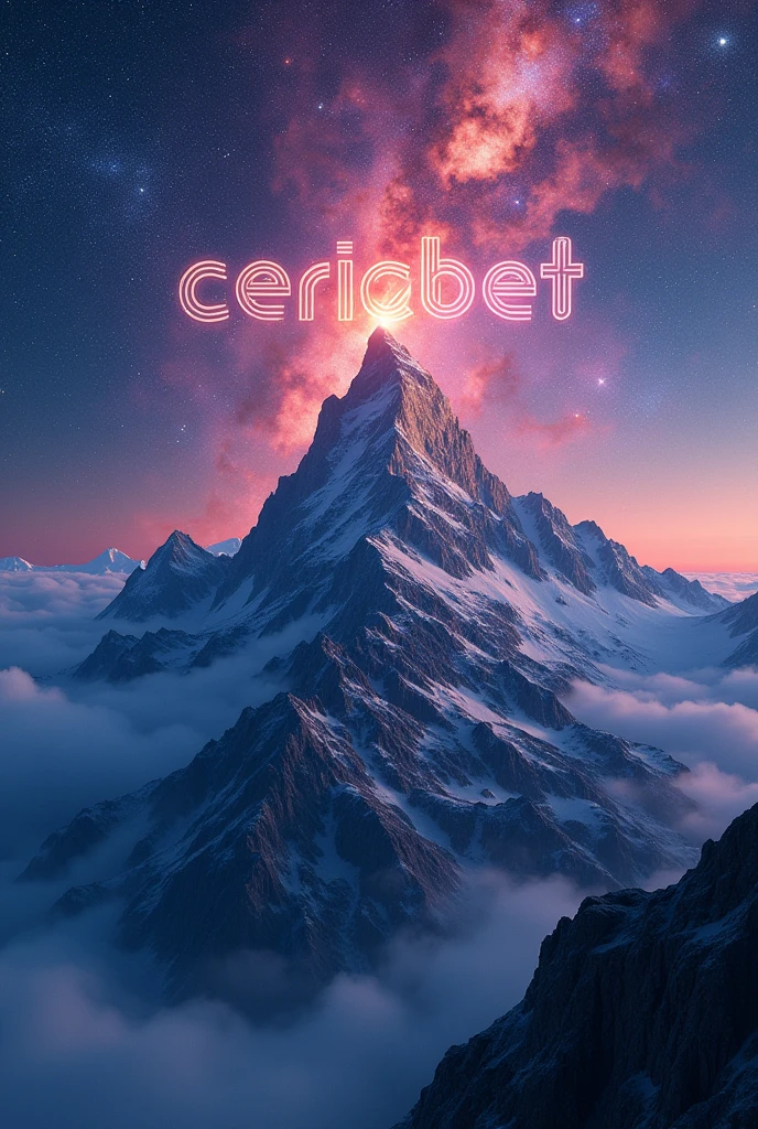 "Design a 3D realistic logo with the text 'Ceriabet' placed atop a majestic mountain under a stunning galaxy-filled sky. The galaxy should feature vibrant colors, twinkling stars, and nebulae, creating an awe-inspiring celestial backdrop. The mountain should be detailed and rugged, with the text 'Ceriabet' standing prominently and illuminated by the cosmic glow from the galaxy above. The overall scene should be visually striking, blending the beauty of the natural landscape with the vastness of the galaxy in a cool and captivating way."