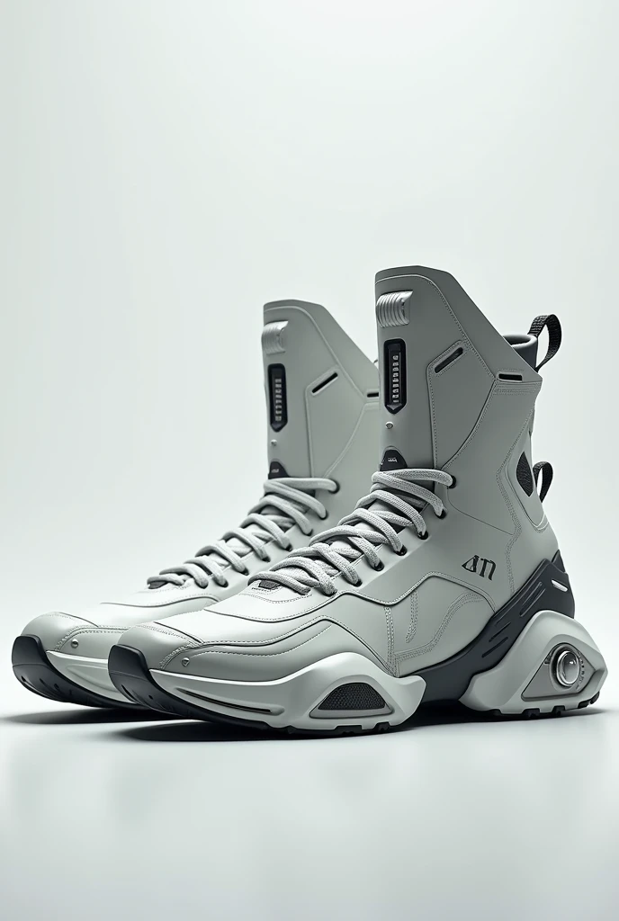Sneakers laceless armor pro mercenaries, designed with sharp and symmetrical shapes, presentagion bacground, hyperealism