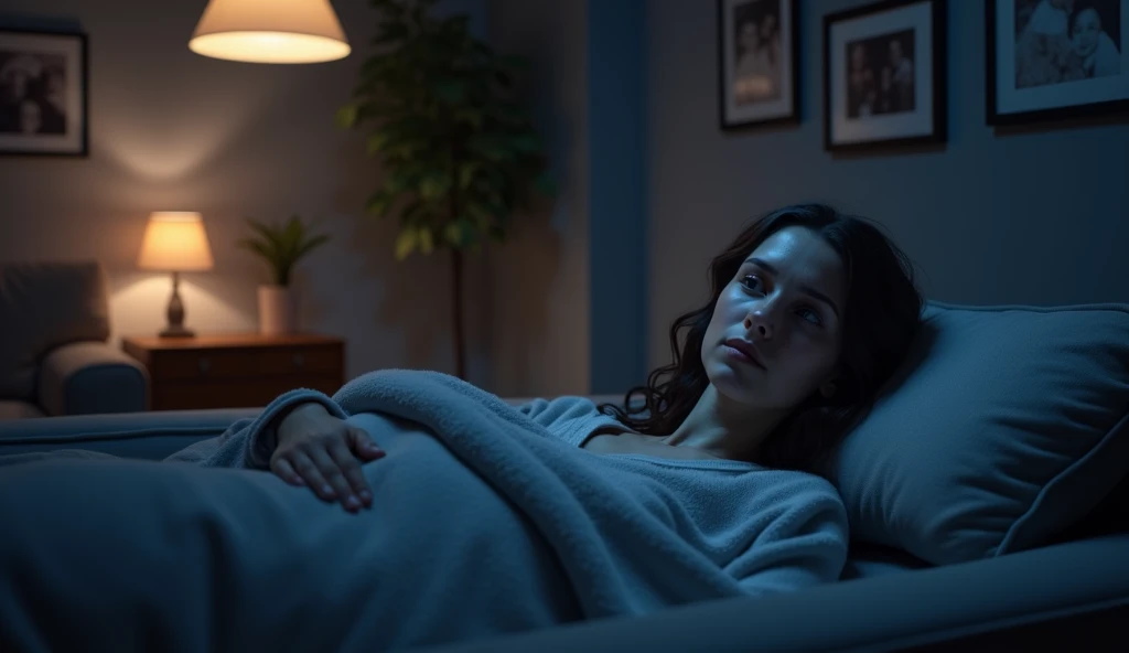 carton,Night scene in a modern living room, a mother lying awake on a sofa, thoughtful and slightly troubled expression, dim lighting, soft blanket, family photos on the wall, introspective mood, realistic, cozy atmosphere, soft shadows.