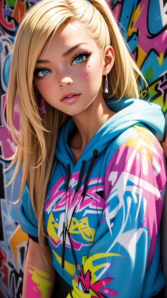 (best quality), (high detail), (vivid colors), (graffiti style), (freestyle), (Close up), (1blonde girl), young sexy female graffiti artist, spraying graffiti on a wall painted with street art, HDR, 8K, 3D, graffiti art style.