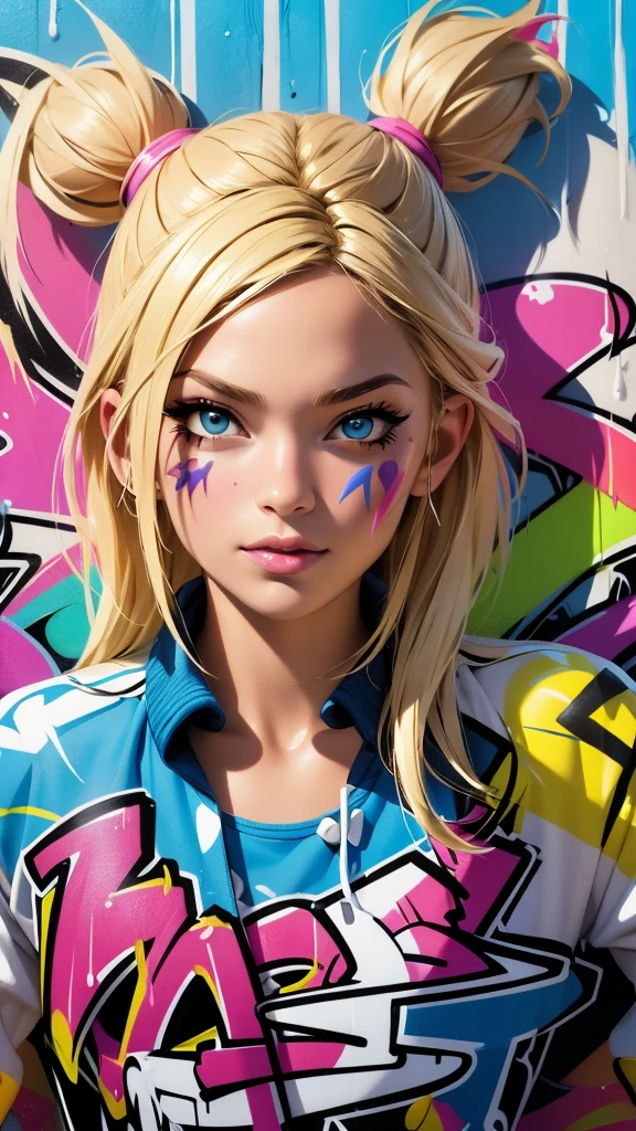 (best quality), (high detail), (vivid colors), (graffiti style), (freestyle), (Close up), (1blonde girl), young sexy female graffiti artist, spraying graffiti on a wall painted with street art, HDR, 8K, 3D, graffiti art style.
