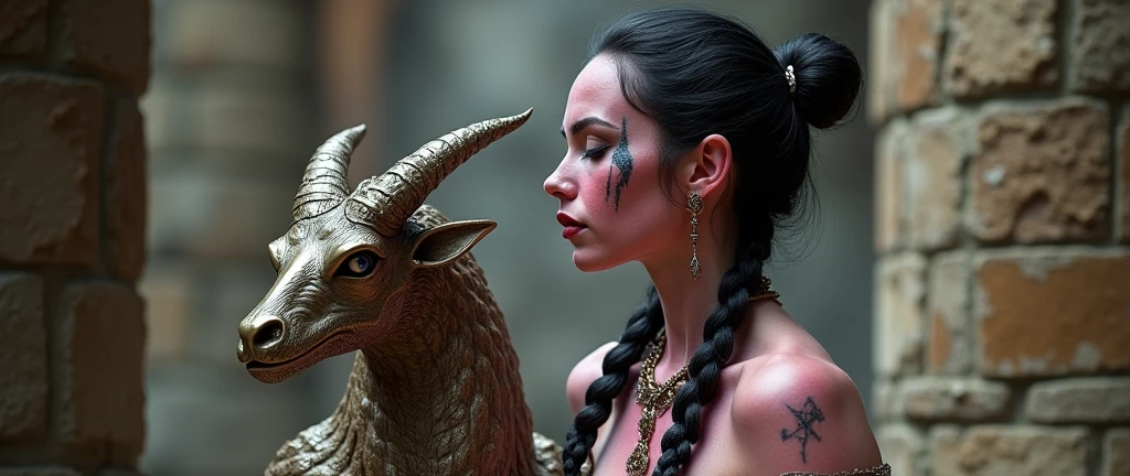 ((NSFW)), ((Mediovale)), Tiefling Drake Warden, pinkish skin, ram horns,  ((full body)), completely white eyes, scar on the lips on the right side, Bblack hair, hair tied in a bun, scraping both sides, a braid on each side of the bangs. Bronze Drake companion pet, 