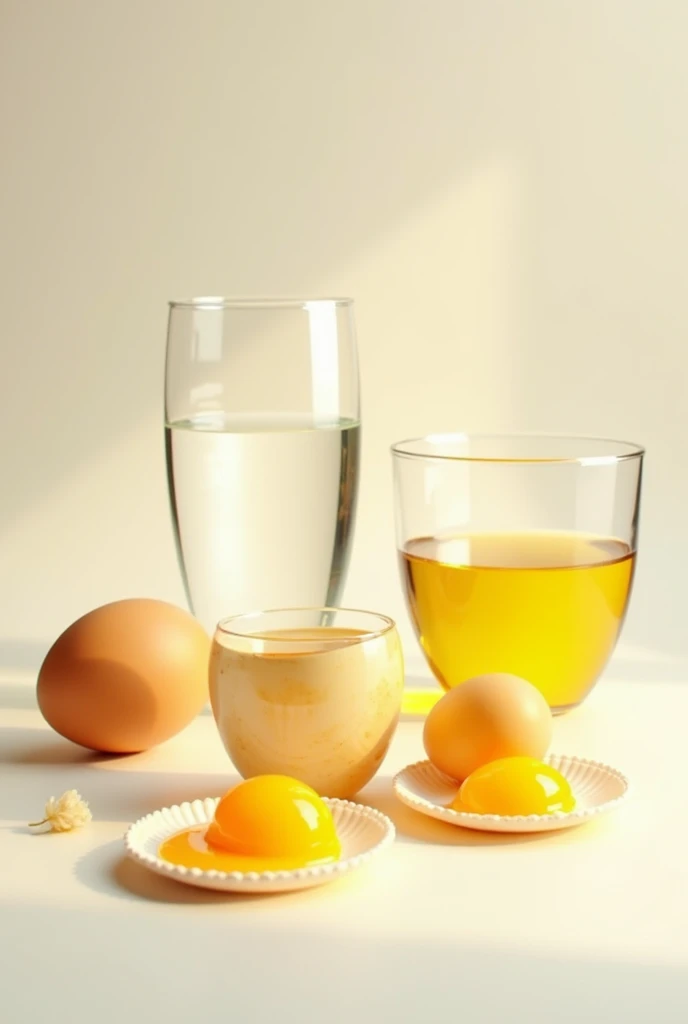 glasses of water, oil and egg yolk