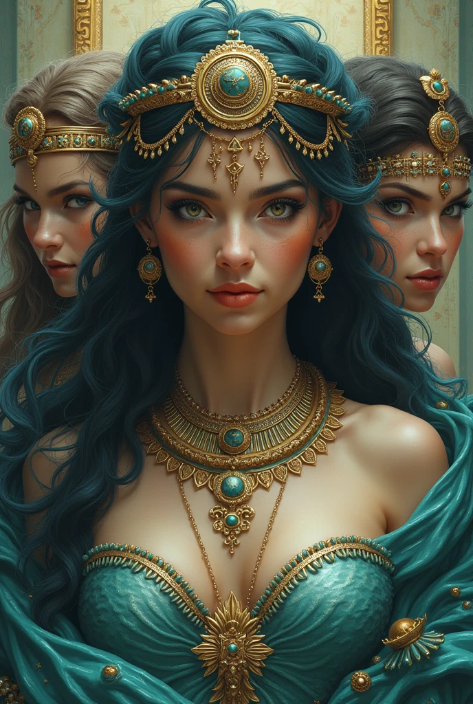 A mobile background image with the mermaid&#39;s eyes, Cleopatra and the goddess Athena 