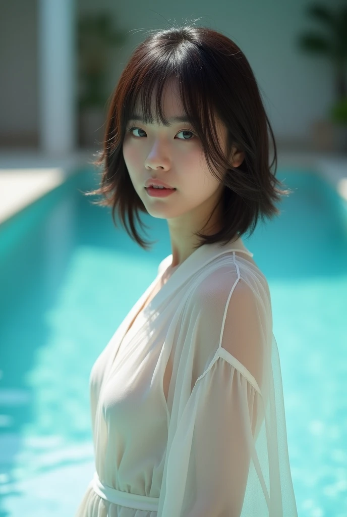 Photo of china beauttifull 25 age woman in a transparent white roman toga for women, standing alone, blue colored eyes, reverse bob haircut, breasts big, front camera, In the pool, humida, fot, photoshoot, Captured by Panavision Panaflex Platinum camera with Panavision Primo Primes 75mm T1 spherical lens.9