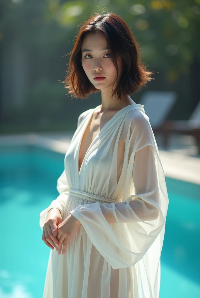 Photo of china beauttifull 25 age woman in a transparent white roman toga for women, standing alone, blue colored eyes, reverse bob haircut, breasts big, front camera, In the pool, humida, fot, photoshoot, Captured by Panavision Panaflex Platinum camera with Panavision Primo Primes 75mm T1 spherical lens.9