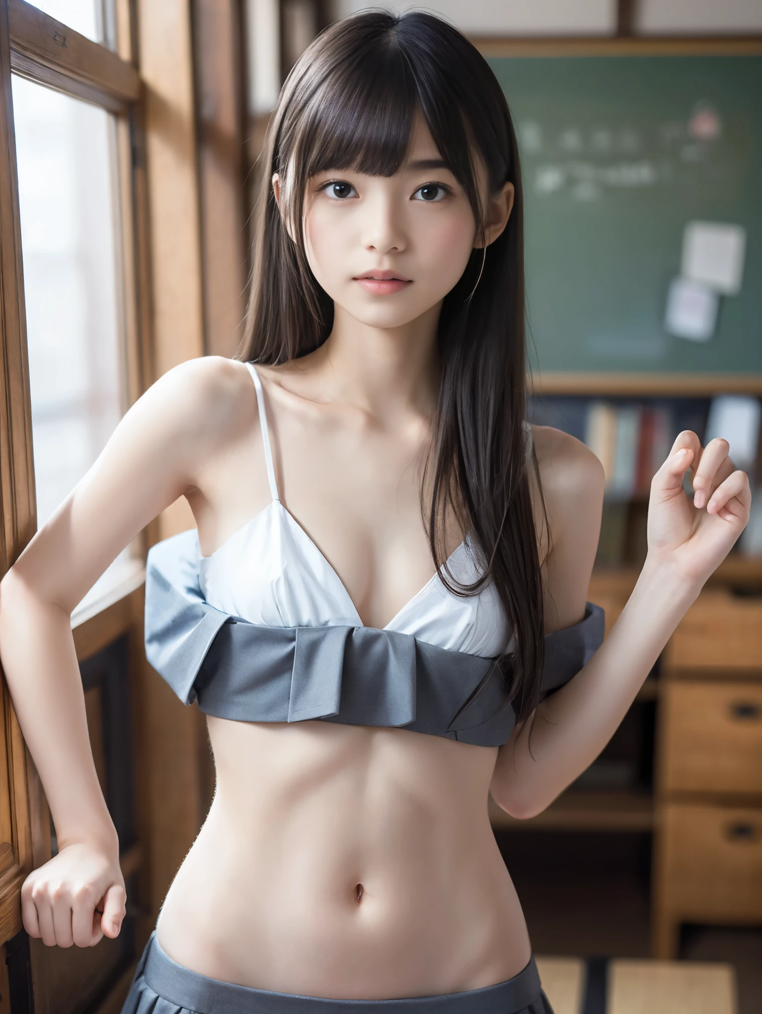 2girl, short ponytails,beautiful girl,,(small brest:1.2),(skinny:1.2),,highschool studeaka46,pink nipple,small breasts,skinny,2girl,((multiple girls)), from below, black hair, light smile, bangs, , pov, , standing, black eyes, mole, masterpiece, best quality, ultra quality, high quality, realistic, photo realistic, RAW photo, hyper detailed, intricate detailed, ,desk,chair,pc,book,upperbody,(bottomless:1.7),(blue pink panties:1.0),study room,classroom,highshool,blackbord,(fullnude:1.5),(many students:1.5),