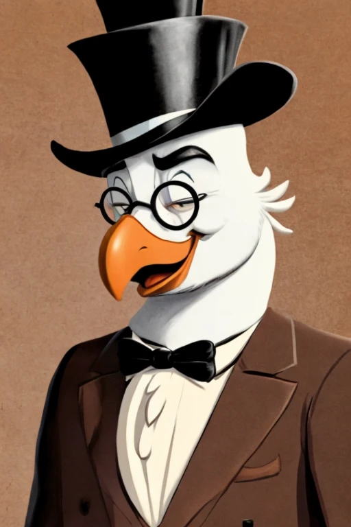 Anthropomorphic white bird, big white beak, hairy neck, wearing a light brown suit, wearing a light brown top hat, wearing a round glasses, animation