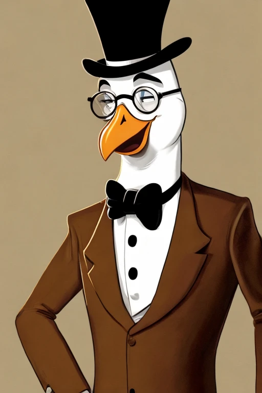 Anthropomorphic white bird, big white beak, hairy neck, wearing a light brown suit, wearing a light brown top hat, wearing a round glasses, animation