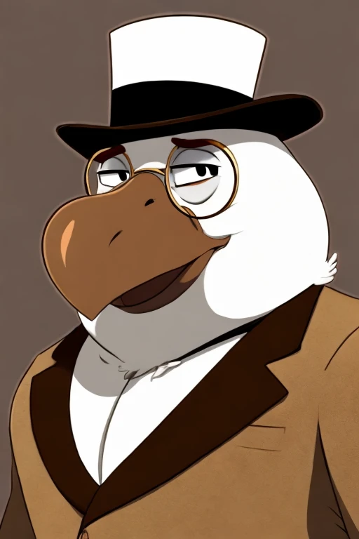 Anthropomorphic white bird, big white beak, hairy neck, wearing a light brown suit, wearing a light brown top hat, wearing a round glasses, animation
