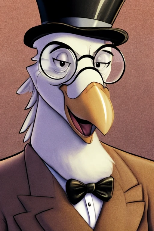 Anthropomorphic white bird, big white beak, hairy neck, wearing a light brown suit, wearing a light brown top hat, wearing a round glasses, animation