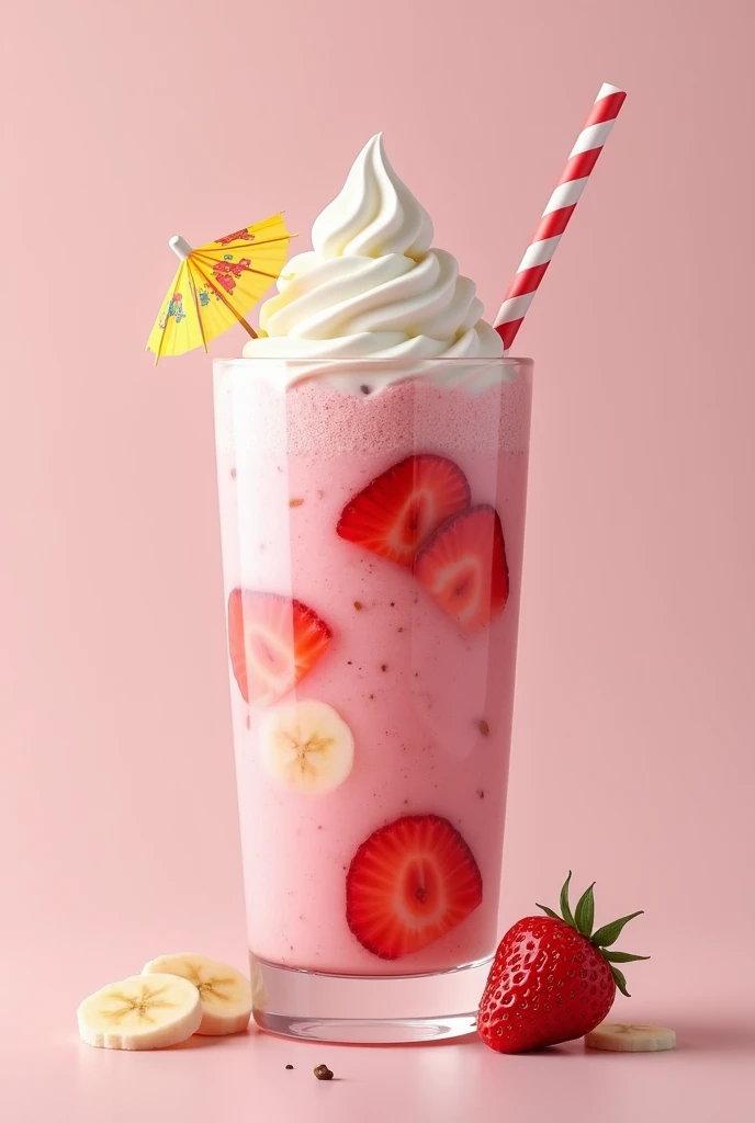 Strawberry and banana milkshake with milk.
