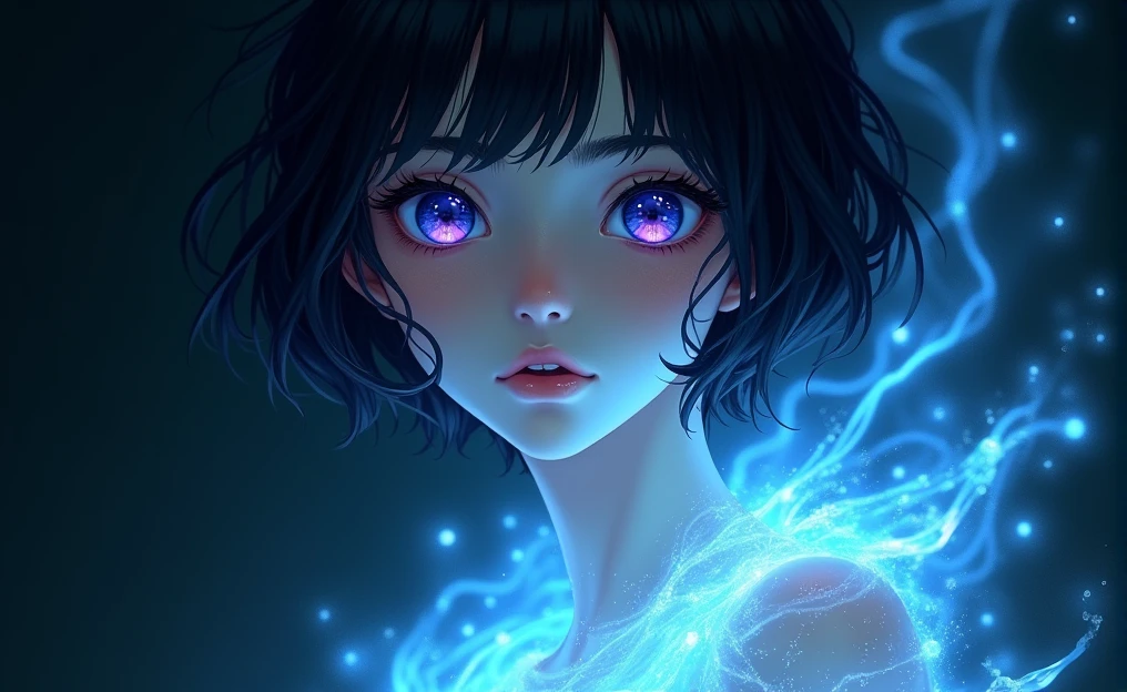 The image shows a younger man with delicate, androgynous features. The person has pale and smooth skin watching at us , with a serene and dreamy expression. His eyes are an intense and bright blue and purple, with a look that seems lost in deep thoughts. The younger man hair is black and short, flowing, and a deep black that appears to be made of liquid dark. It is soaked and falls in clumps that blend into the background, giving a sense of movement and fluidity. There is an ethereal lighting effect surrounding the boy. Flashes of blue and white light spread across the image, as if the person is surrounded by some kind of magical energy. Light reflections on the skin and hair reinforce this feeling that the boy is made of a liquid or crystalline material. The background is dark, which makes the light effects stand out even more. There is a play of light and shadow that adds depth and mystery to the scene. The style is very detailed and realistic, with a fantastic touch. The use of cool colors and lighting effects creates a dreamy and otherworldly atmosphere.