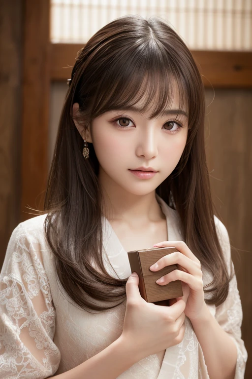 Highest quality, Face Focus, Soft Light, Ultra-high resolution, (Realistic:1.4), RAW Photos,
1 Japan, alone, cute, (pupil, Light in your eyes),  Beautiful face in every detail, (Small box),(High resolution detail of human skin texture),
(Long Hair),
indoor,
Damask Shirt Dress,
(Portraiture)
