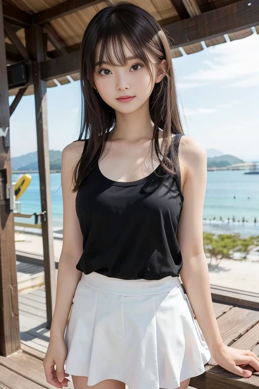 Masterpiece, 8k, best quality, 1 girl, ultra detailed face, perfect skin, perfect face, Kim tae hee, korean actress, medium hair, black hair, brown eyes, smile, beauty, half naked, she take off her lace undershirt, medium chest, open chest, off shoulders, plattered mini skirt, sitting on the chair carelessly, spread legs apart, no panties, full body view, seaside, nice legs