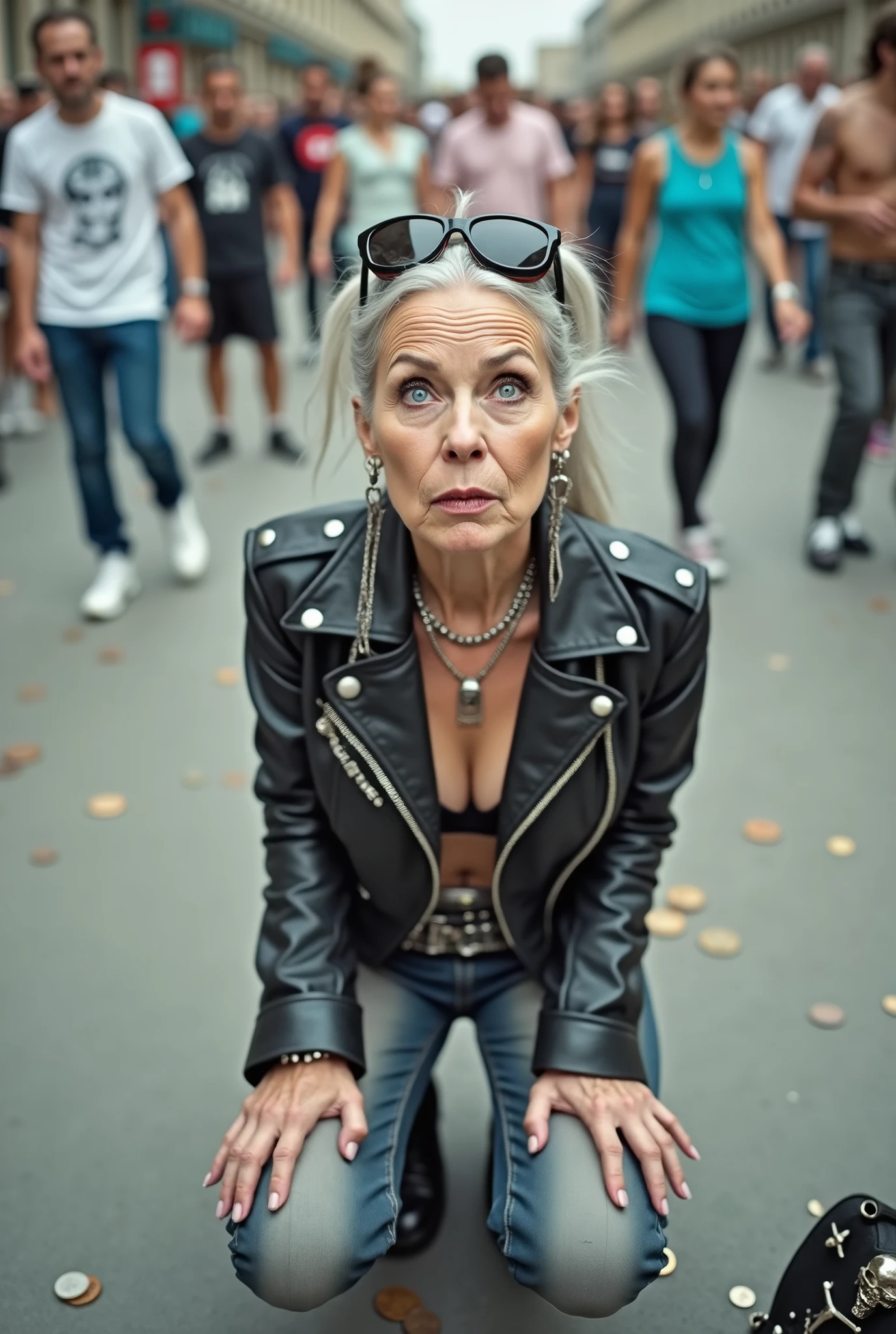 russian old milf woman, grey hair (ponytail) and oversize sunglasses as headband, with very light blue eyes, extremely pale. Wrinkles in neck and hands. Wearing cropped black moto jacket with lots of zippers and pins, black push up bra , dark skinny blue jeans and pointy silver Chelsea boots with cuban heels . Chokers. Lots of metallic bracelets and boho collars. Tacky wide studded eather belt with oversized skull and bones buckle. Long bohemian earrings. Kneeling like in a payer, a little bent, looking up, eyes and mouth wide open in amazement. Hands on her knees. Listening in amazement to somebody speaking to her, toned six pack abdominals, thin legs and thin arms. A lot of people around looking at her. Studded black leather tote bag with chains next to her, coins and all her belongings on the floor