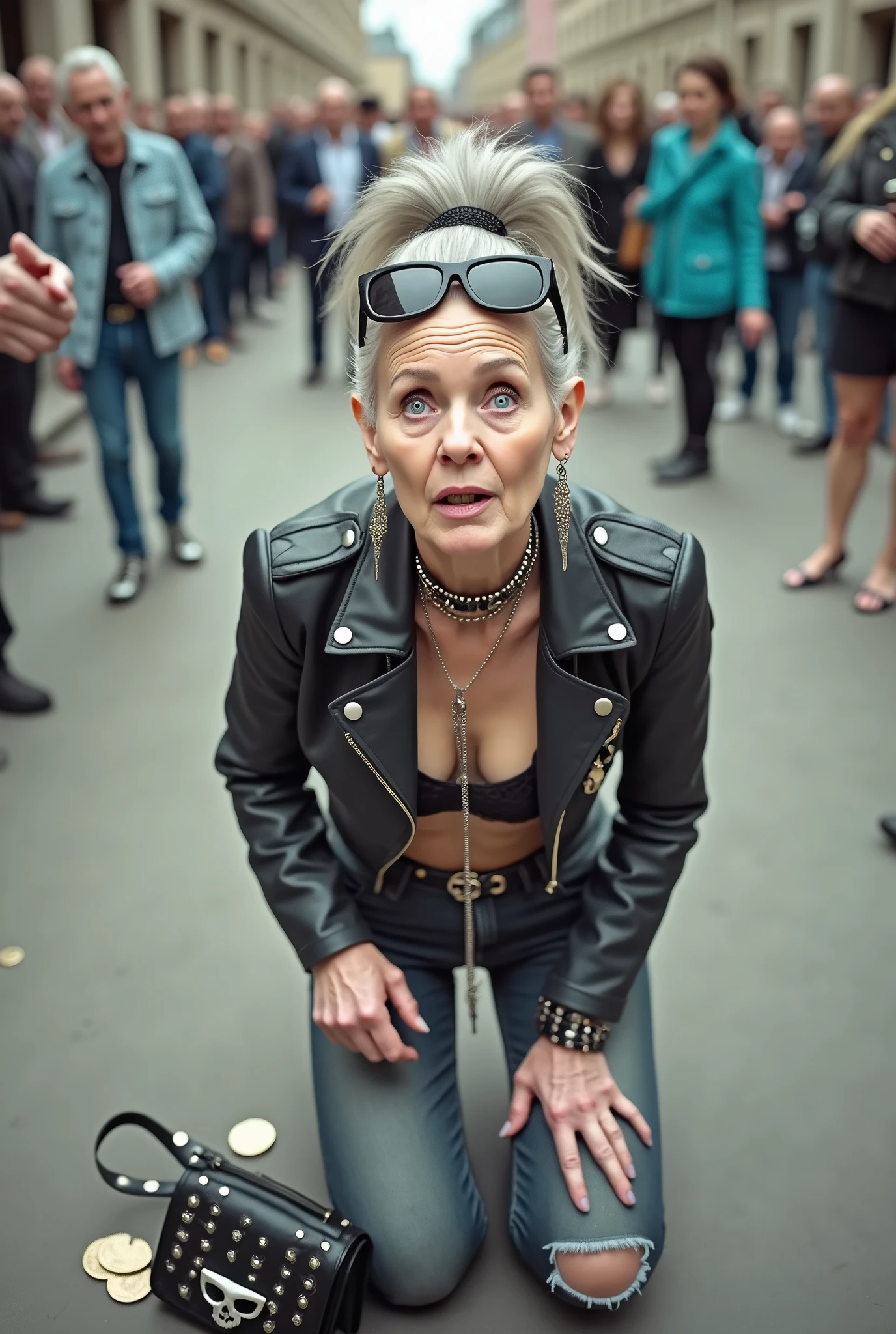 russian old milf woman, grey hair (ponytail) and oversize sunglasses as headband, with very light blue eyes, extremely pale. Wrinkles in neck and hands. Wearing cropped black moto jacket with lots of zippers and pins, black push up bra , dark skinny blue jeans and pointy silver Chelsea boots with cuban heels . Chokers. Lots of metallic bracelets and boho collars. Tacky wide studded eather belt with oversized skull and bones buckle. Long bohemian earrings. Kneeling like in a payer, a little bent, looking up, eyes and mouth wide open in amazement. Hands on her knees. Listening in amazement to somebody speaking to her, toned six pack abdominals, thin legs and thin arms. A lot of people around looking at her. Studded black leather tote bag with chains next to her, coins and all her belongings on the floor