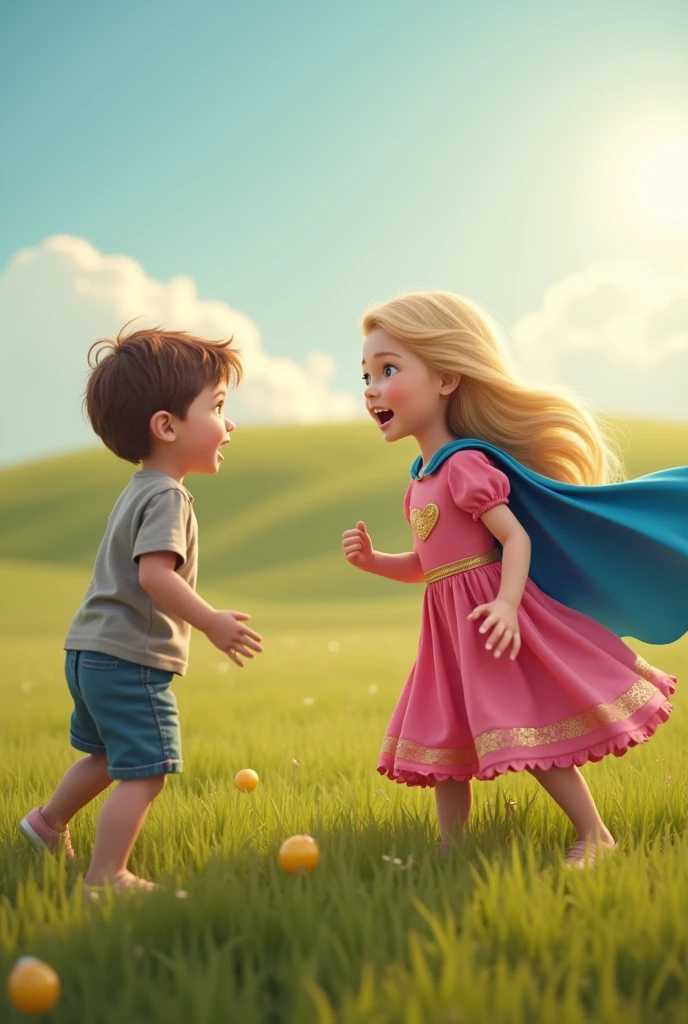 Create me an image of a story with two children arguing over a toy in the field and a blonde superhero girl with a pink dress and a small golden heart on her chest enters, with blue cape.
