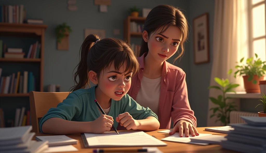 A tense scene in a modern study room, 8-year-old girl, angry expression, tears in eyes, holding a pencil, frustrated with homework, books scattered on the desk, a concerned mother standing nearby, emotional conflict, dramatic lighting, realistic, warm color palette