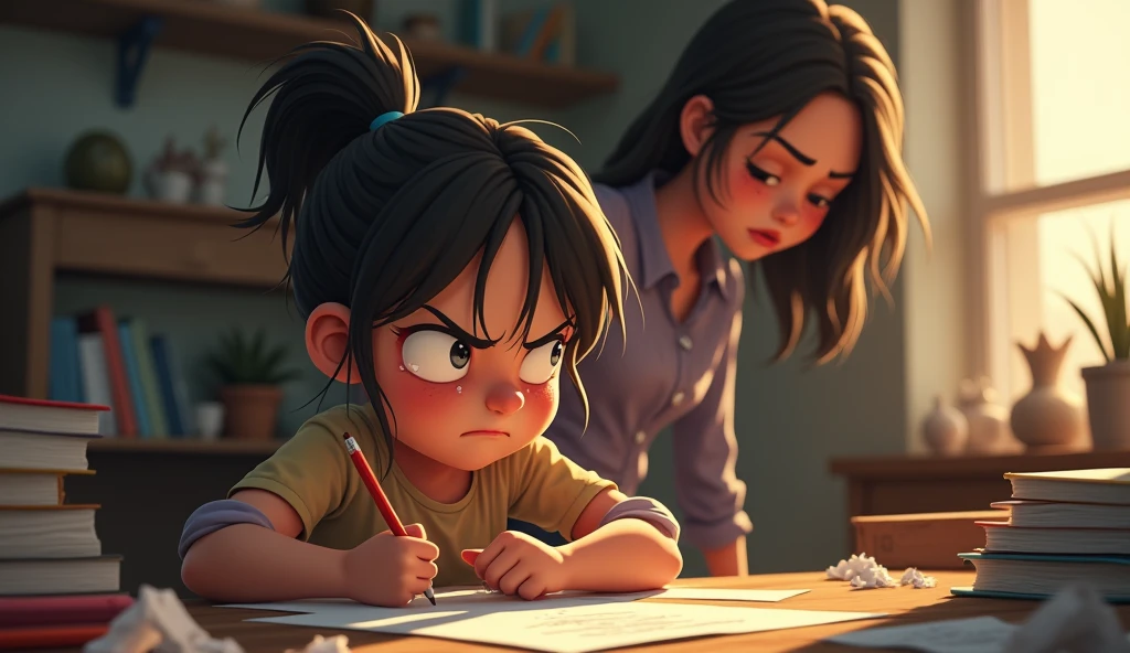 A tense scene in a modern study room, 8-year-old girl, angry expression, tears in eyes, holding a pencil, frustrated with homework, books scattered on the desk, a concerned mother standing nearby, emotional conflict, dramatic lighting, realistic, warm color palette