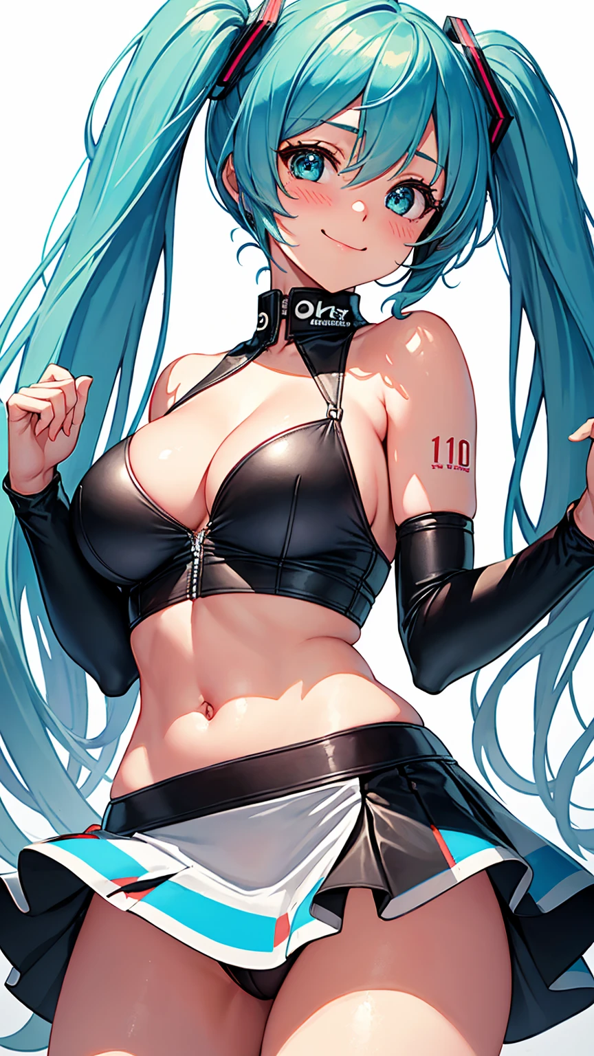 ((Tabletop, Highest quality, High resolution, Hmph, Pixel perfect, Depth of written boundary, 4K, )), One Girl, alone, , Beautiful Anime, Beautiful art style, close, View your viewers, Perfect body, Hatsune Miku・VOCALOID, Light blue hair, (Large Breasts), belly button, Blush all over face, smile, Thighs Thighs Thighs Thighs, ((Race Queen)), mini skirt, High leg, White Background, Take the lead, Raise the checkered flag, Cowboy Shot, concentrated,
