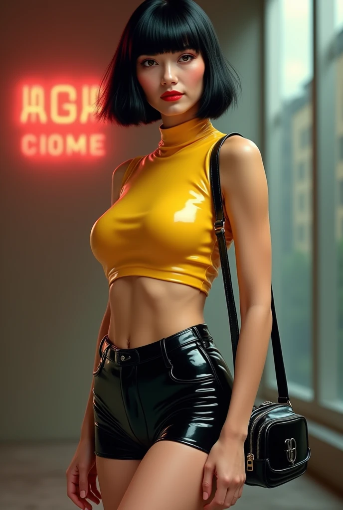 A stylish 50-year-old androginous boy with shoulder-length black bob style
hair, wearing a chic latex yellow crop top, high-waisted tight latex gpanties appreciating the male bulge in the groin, and a pair of black high heels sandals, adding a touch of elegance to his outfit, golden metal bracelet. The overall atmosphere of the image is intimate and modern, with a hint female of timeless elegance. Front sight