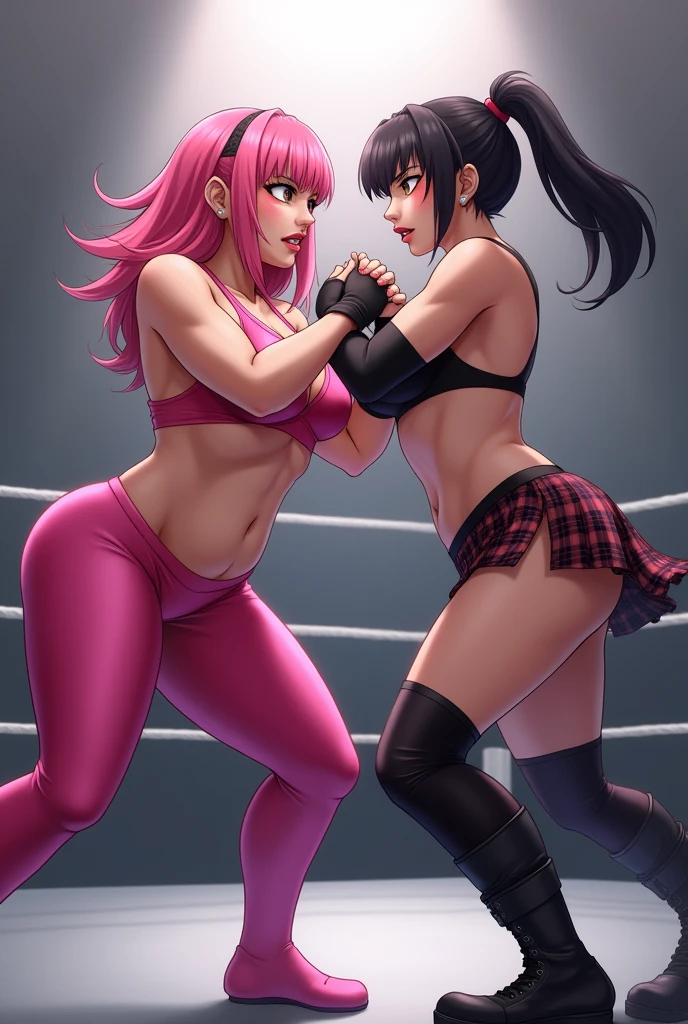 2 female wrestlers, wrestler 1 shoulder length pink hair, pink bra, pink tights, huge breasts. Wrestler 2, Asian, ponytail, black sports bra, plaid skirt. Engaged in combat in a wrestling ring with 3 ropes.