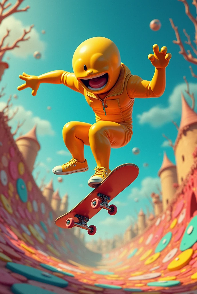 Dr. Simi doing a kickflip on a skateboard